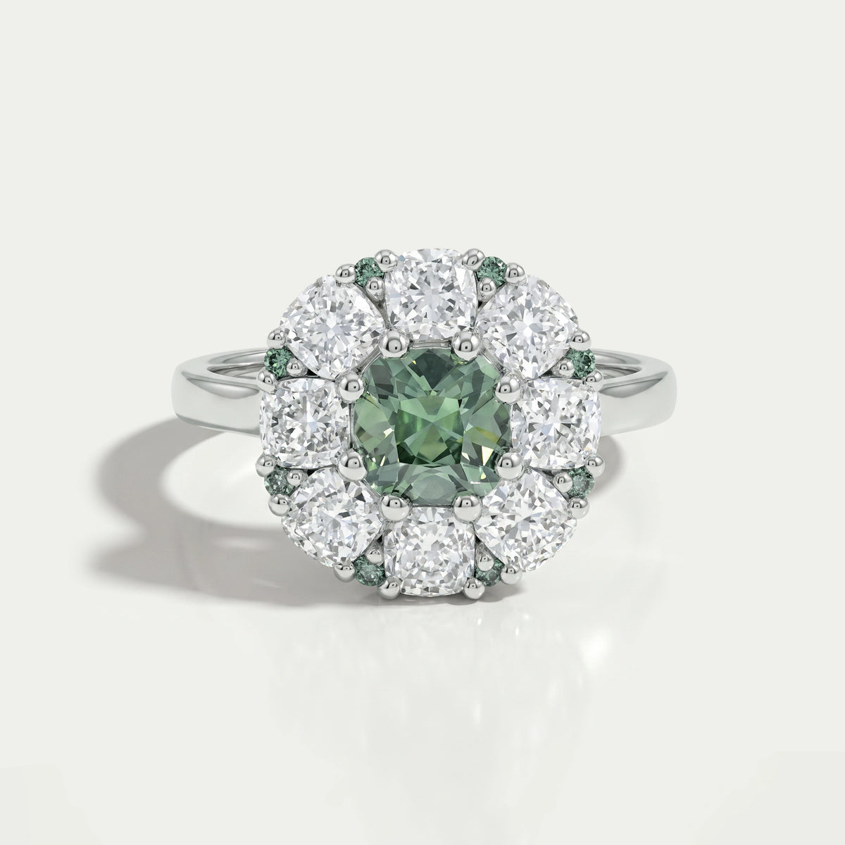 Green Cushion Cut Lab Diamond Halo Engagement Ring Ring