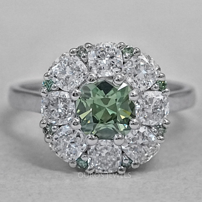 Green Cushion Cut Lab Diamond Halo Engagement Ring   