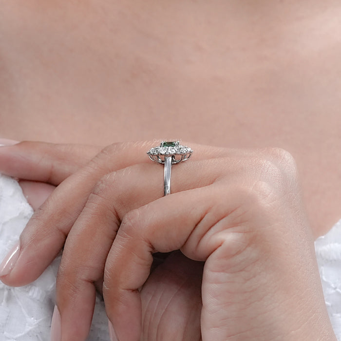 Green Asscher Lab Diamond Cluster Engagement Ring