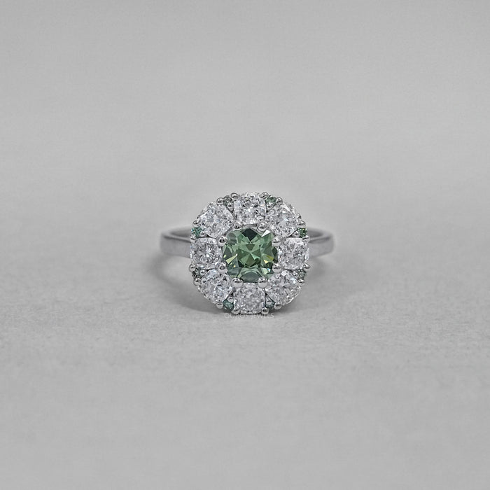 Green Cushion Cut Lab Diamond Halo Engagement Ring