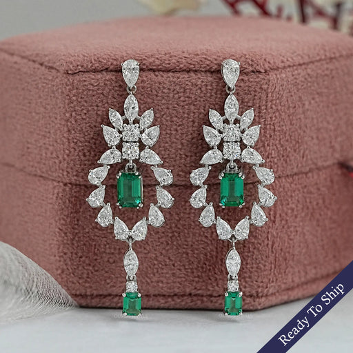 Green Emerald And Diamond Dangle Earrings