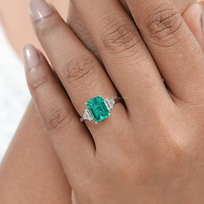 Green Emerald  With Antique Diamond Three Stone Ring