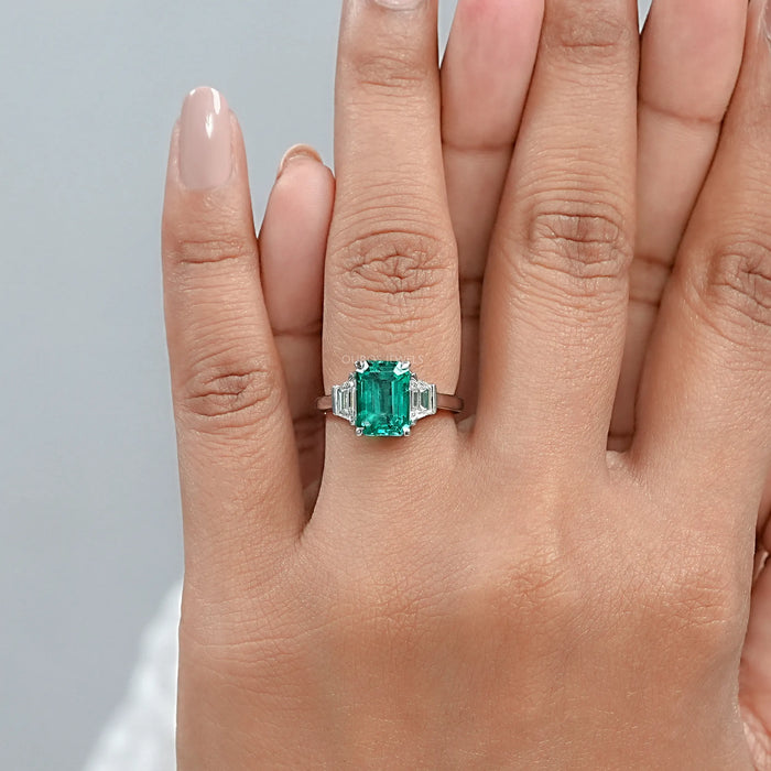 Green Emerald Cut With Trapezoid Diamond Ring 