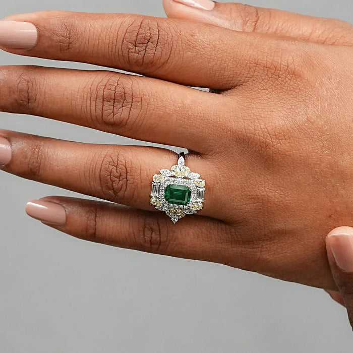 Double Halo Green Emerald Diamond Engagement Ring