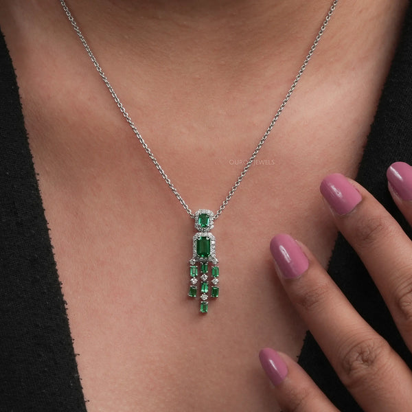 Green Emerald Halo Diamond Chandelier Necklace Set