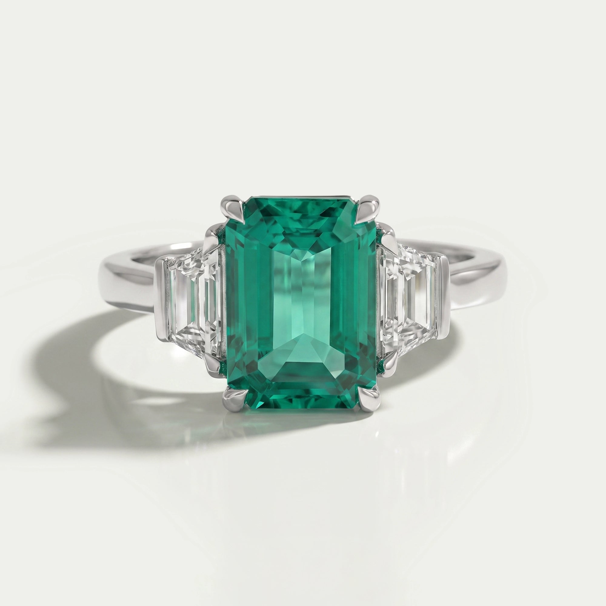 Green Emerald Cut With Trapezoid Diamond Ring 