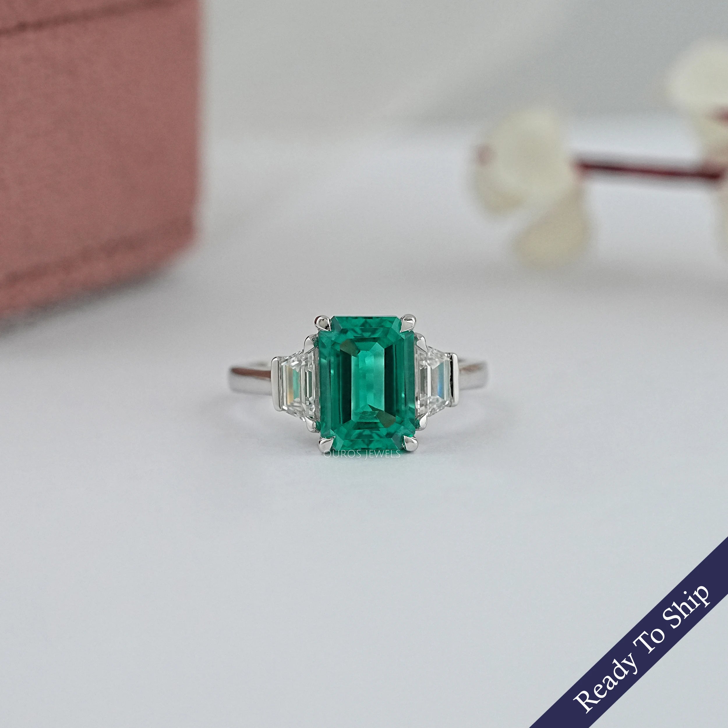 Green Emerald Cut With Trapezoid Diamond Ring 