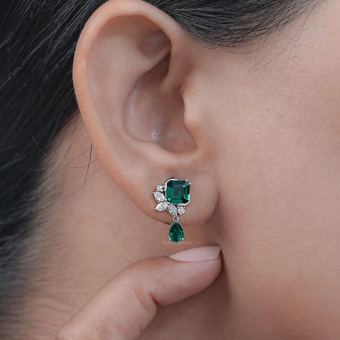 Green Asscher Gemstone And Marquise Diamond Drop Earrings