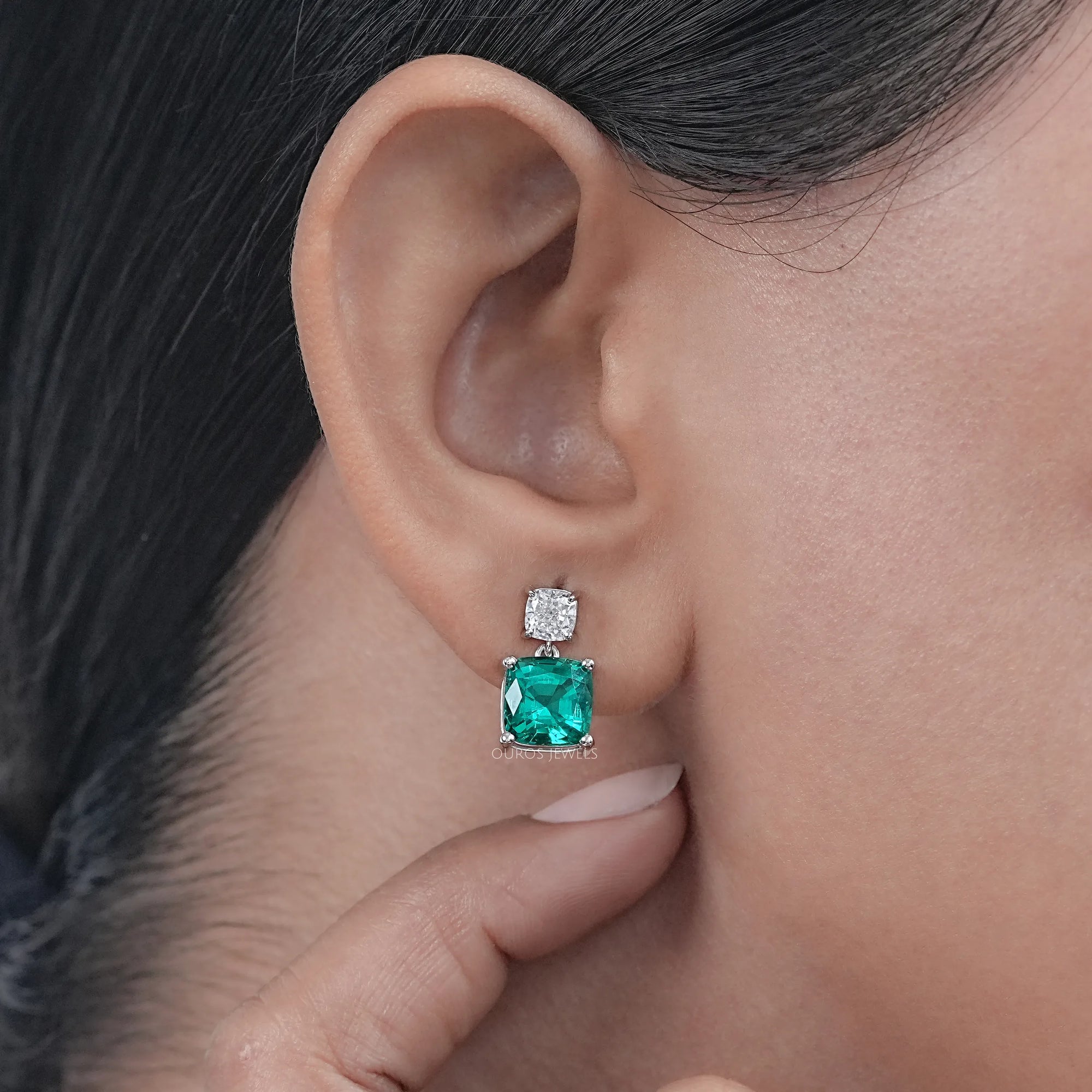 Green Cushion Gemstone Drop Earrings Earrings