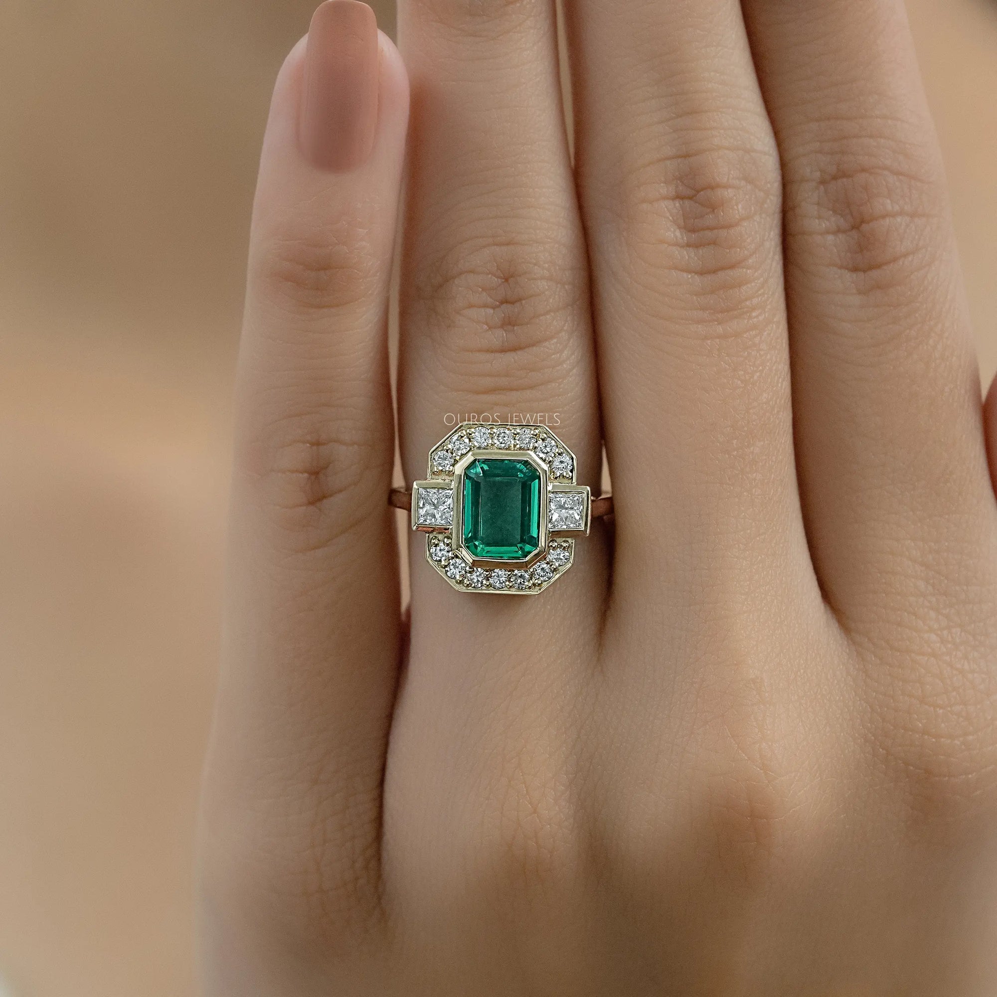 Three Stone Emerald Gemstone Halo Ring Ring