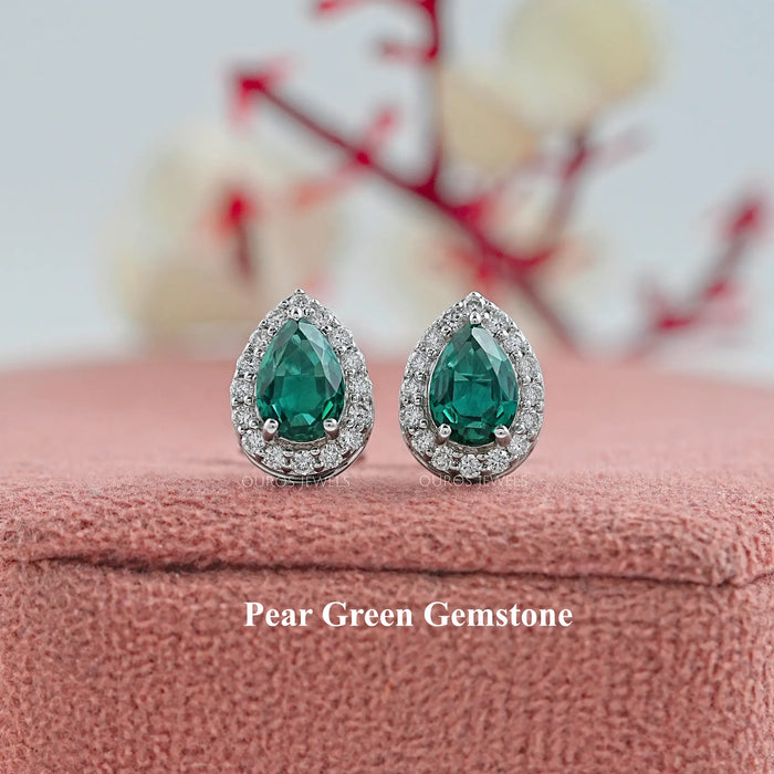 Pear Gemstone And Lab Diamond Halo Stud Earrings Green Gemstone Earrings