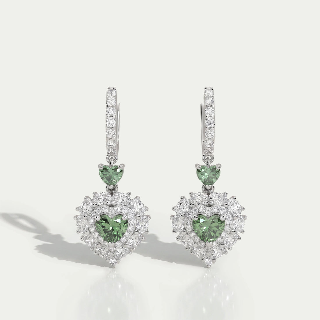 Green Heart Diamond Halo Set Dangle Earring