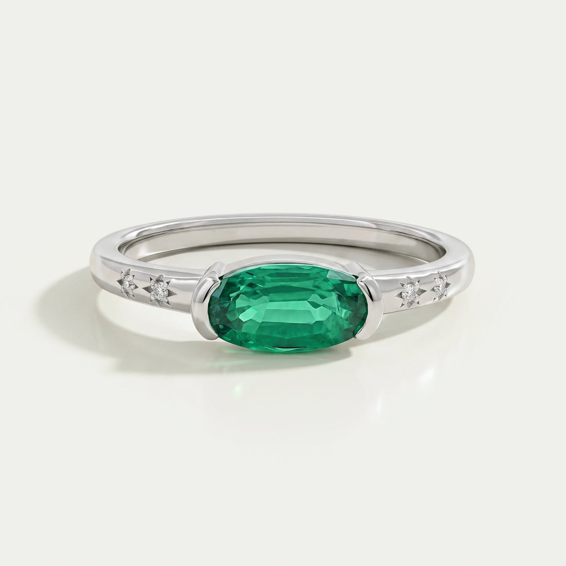 Green East West Oval Gemstone Accent Engagement Ring Ring