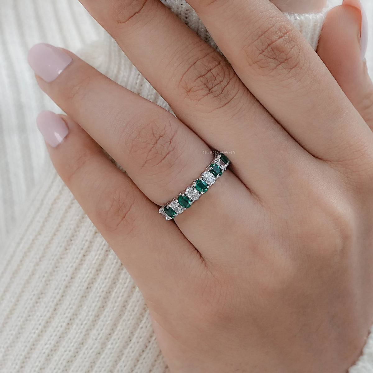 Green Oval Gemstone Half Eternity Wedding Band Rings
