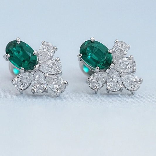 Green Oval And Pear Lab Diamond Floral Stud Earrings Earrings