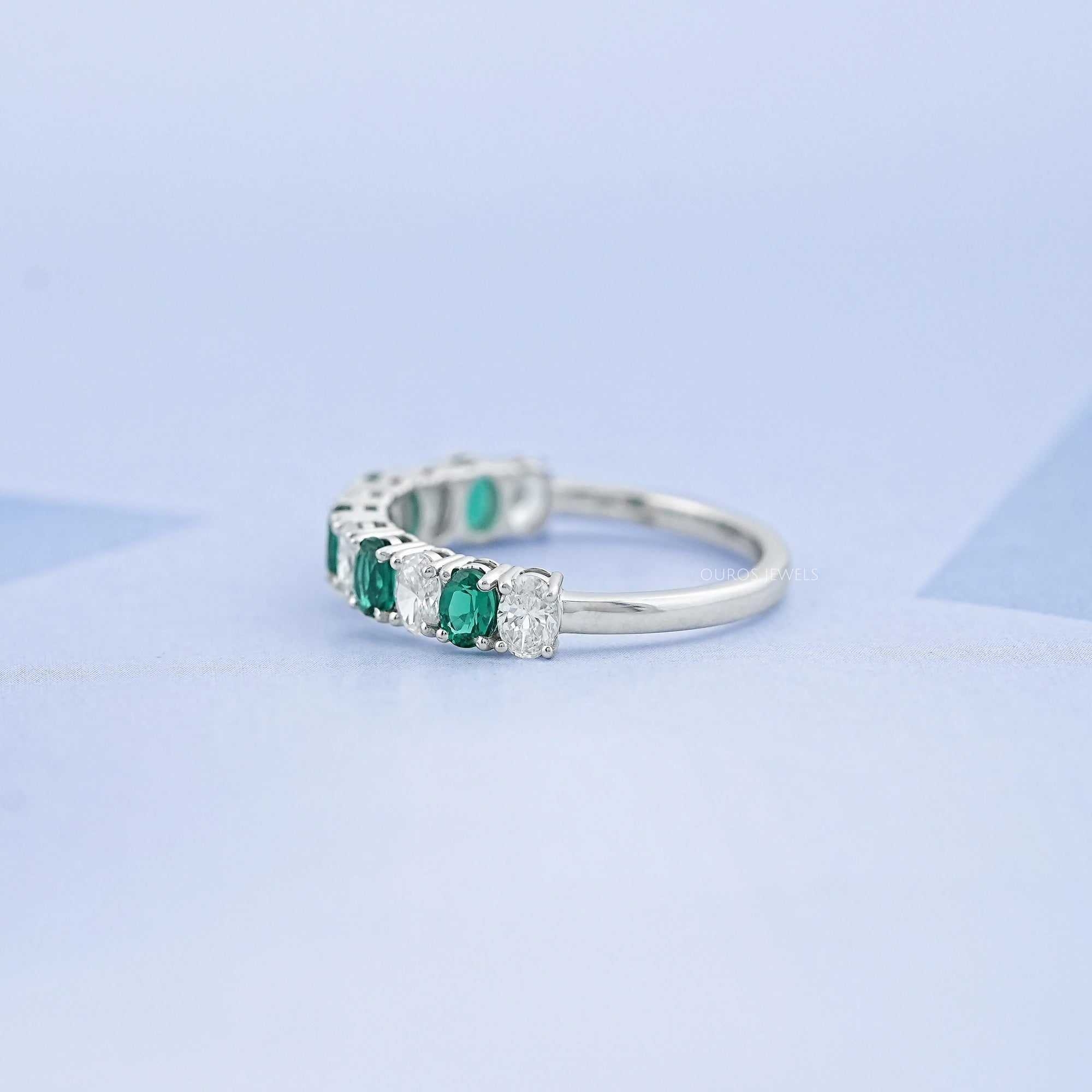 Green Oval Gemstone Half Eternity Wedding Band Rings