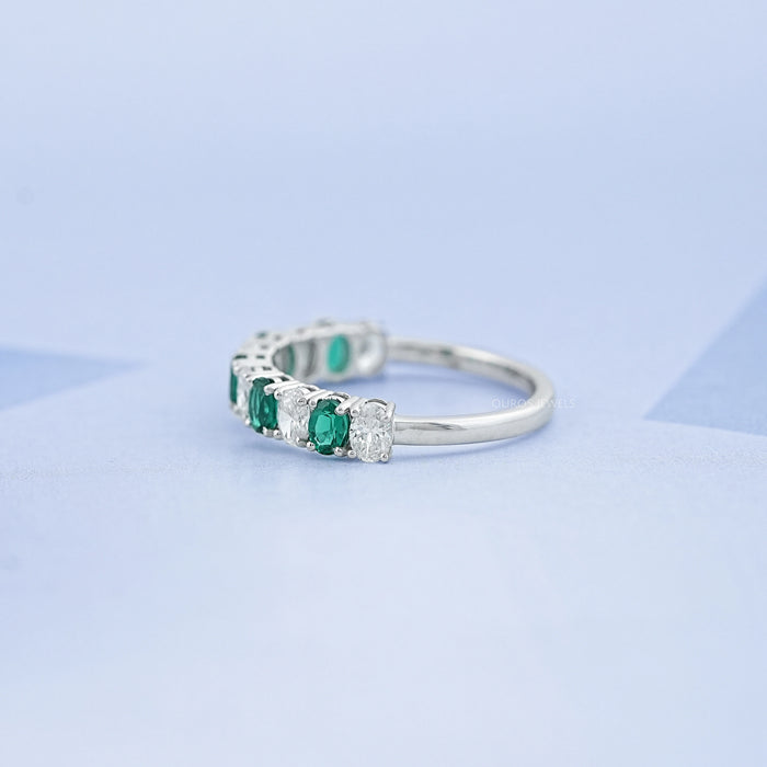 Green Oval Gemstone Half Eternity Wedding Band