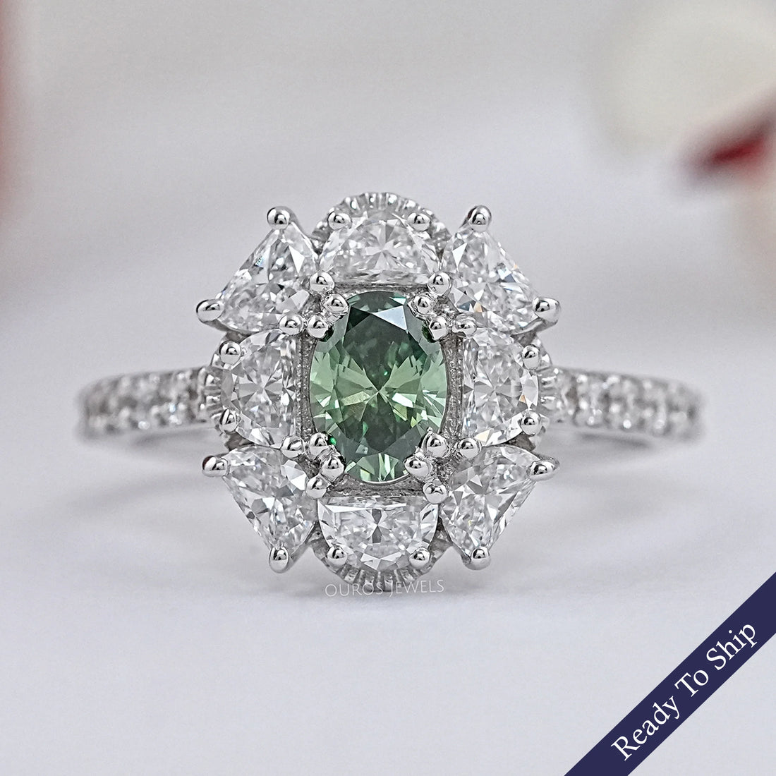 Green Oval Cut Half Moon Halo Engagement Ring Rings