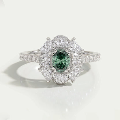Oval Cut Green Half Moon Halo Engagement Ring Ring