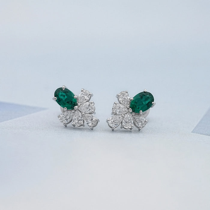 Green Oval  And Pear Lab Diamond Floral Stud Earrings