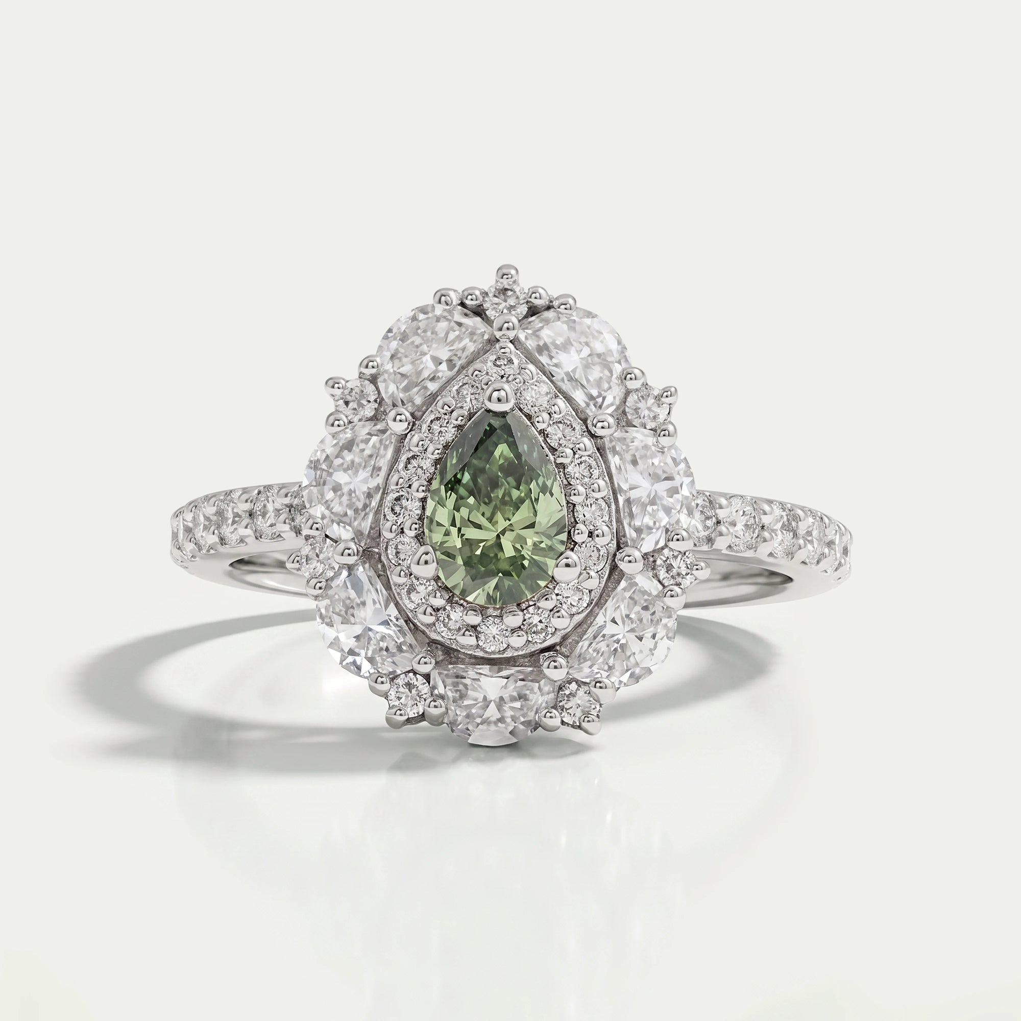 Green Pear Cut Surround Double Halo Diamond Engagement Ring Rings