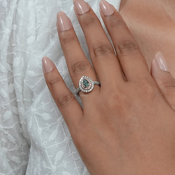 Green Pear Cut  Double Halo  Engagement  Ring