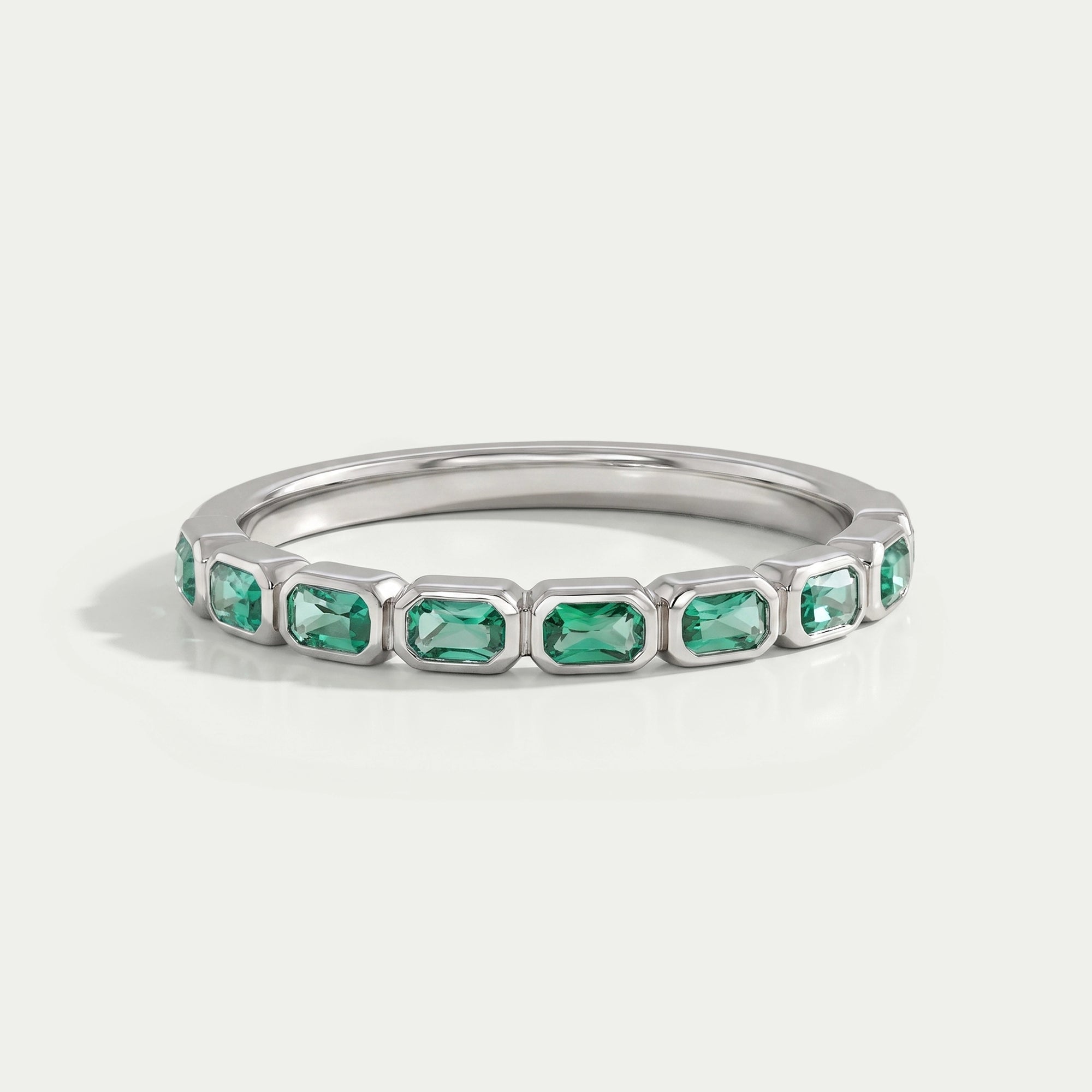 East West Green Radiant Gemstone Half Eternity Band Rings