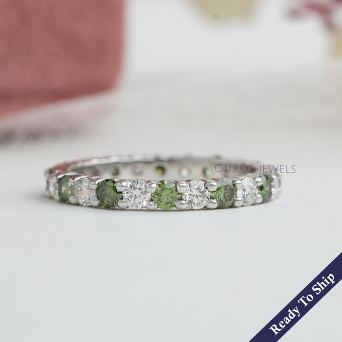 Fancy Green Round Lab Diamond  Wedding Band