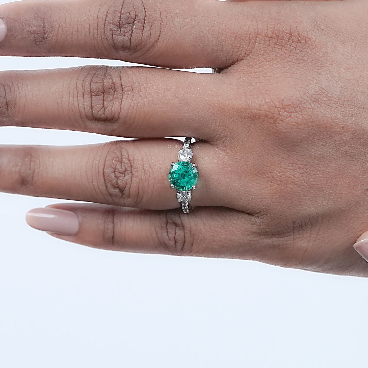 Green Round And Diamond Three Stone Accent Diamond Ring