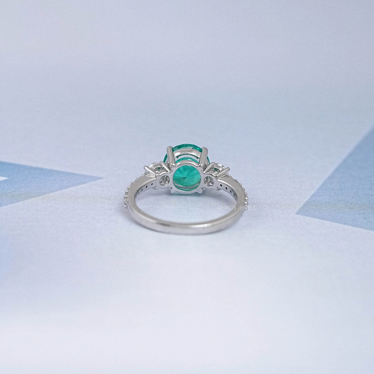 Green Round And Diamond Three Stone Accent Diamond Ring