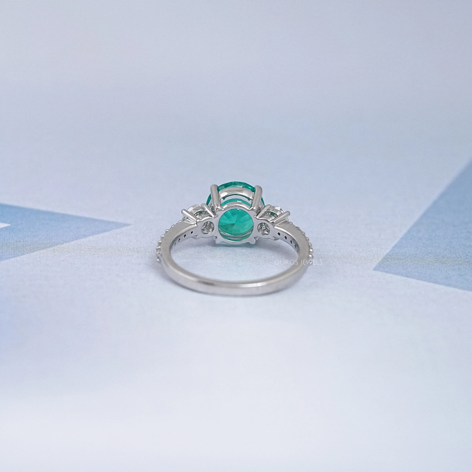 Green Round And Diamond Three Stone Accent Diamond Ring
