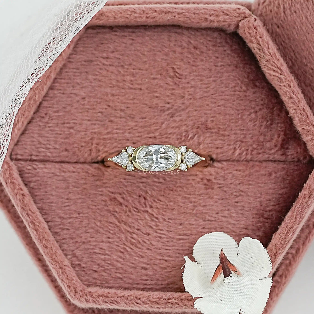 Old Mine Moval Cut Half Bezel Accent Engagement Ring Ring
