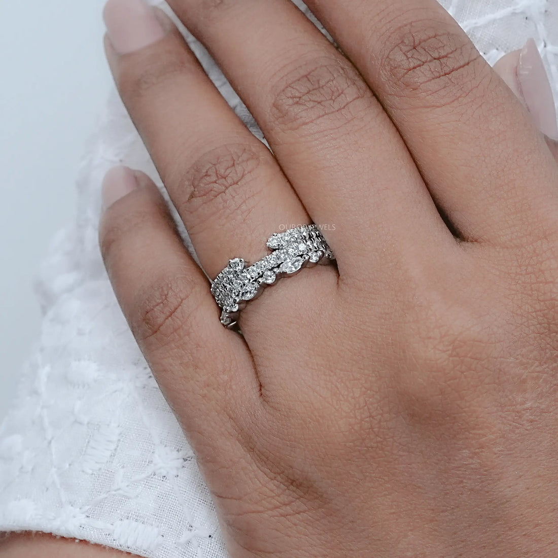 Three Row Round and Marquise Cut Half Eternity Band Rings