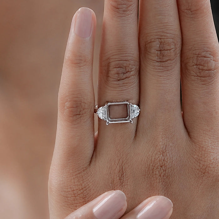 Emerald Shape And Half Moon Diamond Semi Mount Ring
