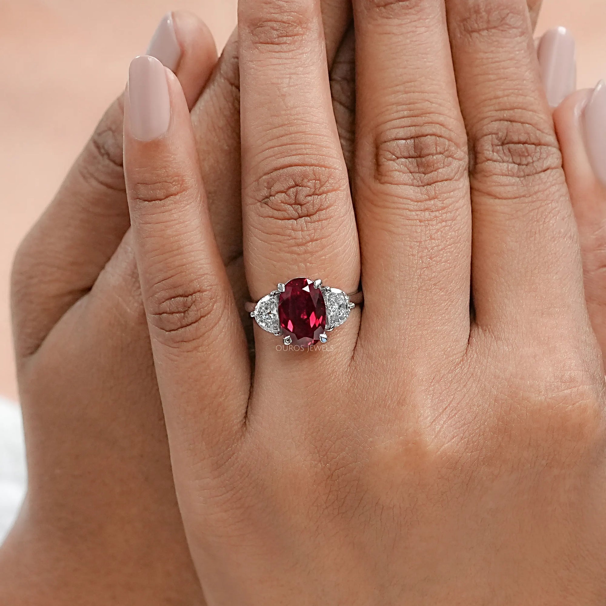 Ruby Oval Gemstone Three Stone Engagement Ring Rings