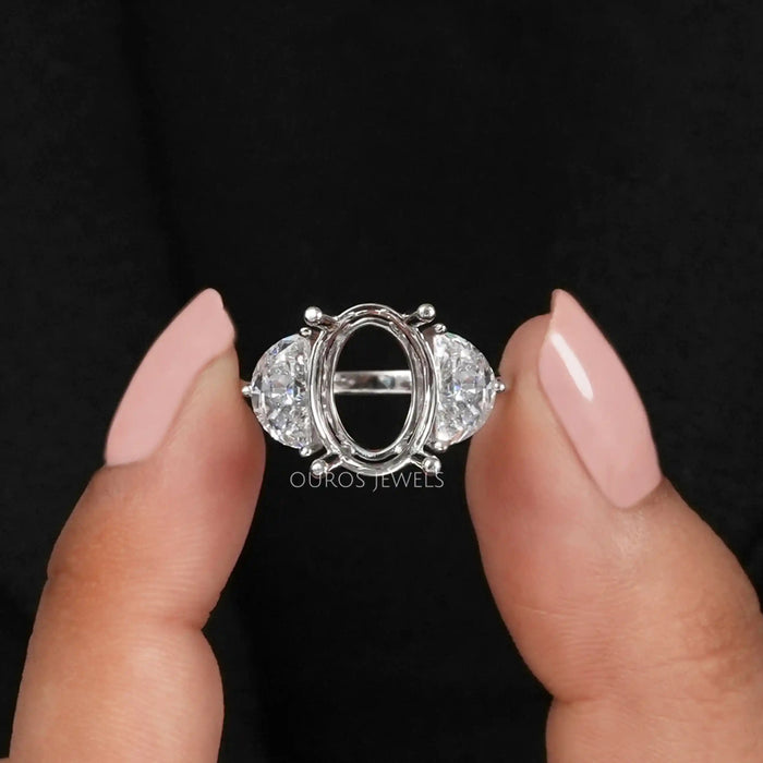 [A Women holding Half Moon Semi Mount Engagement Ring]-[Ouros Jewels]