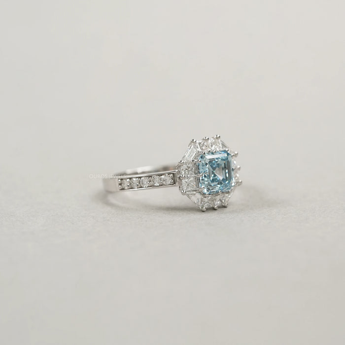 Fancy Blue Asscher Cut Halo With Accent Lab Diamond Ring