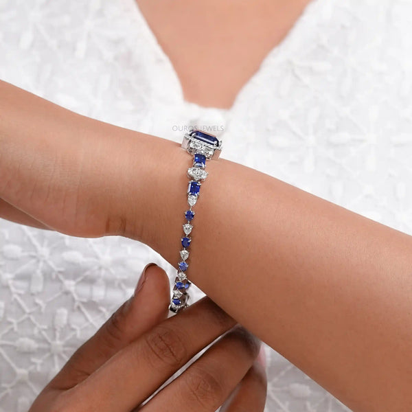 Sapphire Emerald Cut Halo Diamond Bracelet 