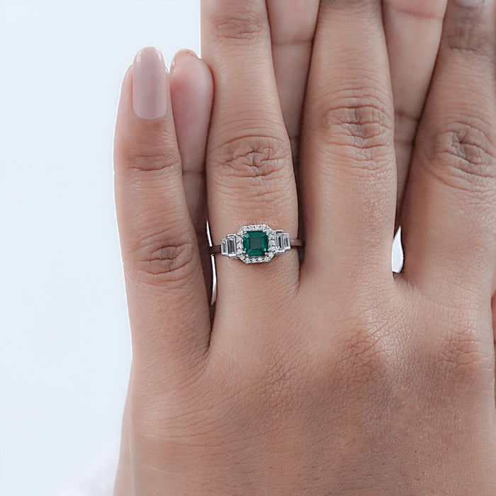 Green Asscher Gemstone Halo Diamond Engagement Ring