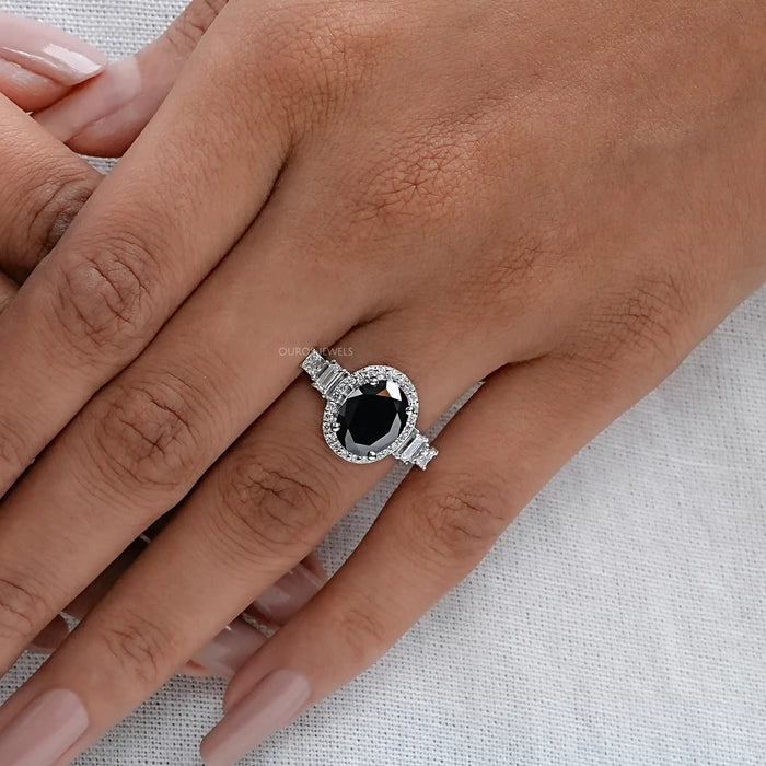 Black Oval Cut Halo Ring with Diamond Accents