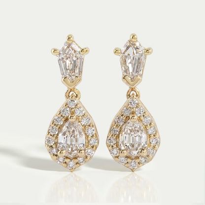Step Cut Pear Halo Diamond Dangle Earrings