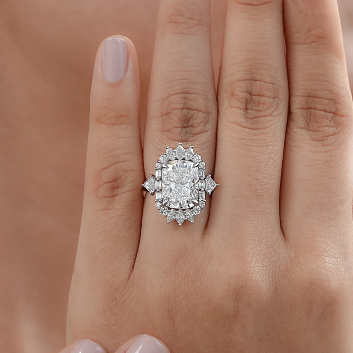 Elongated Cushion Halo Diamond With Baguette & Round Engagement Ring