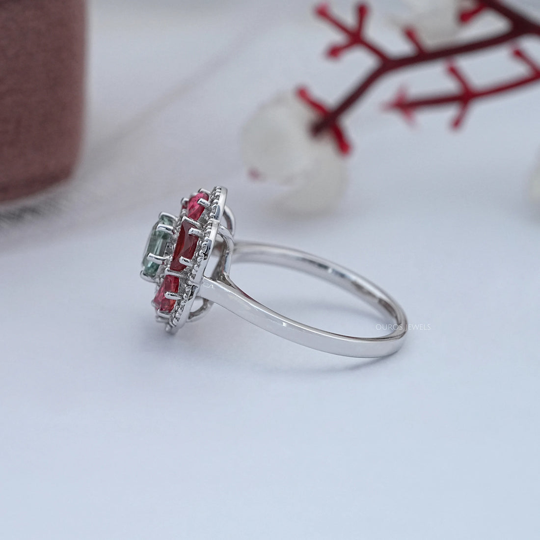 Alexandrite Hexagon Gemstone Double Halo Engagement Ring Rings