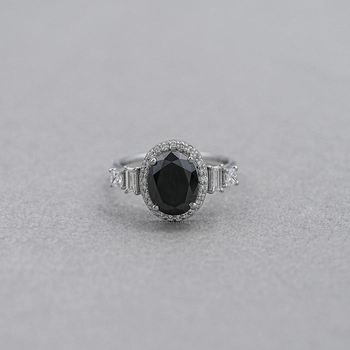 Black Oval Cut Halo Ring with Diamond Accents