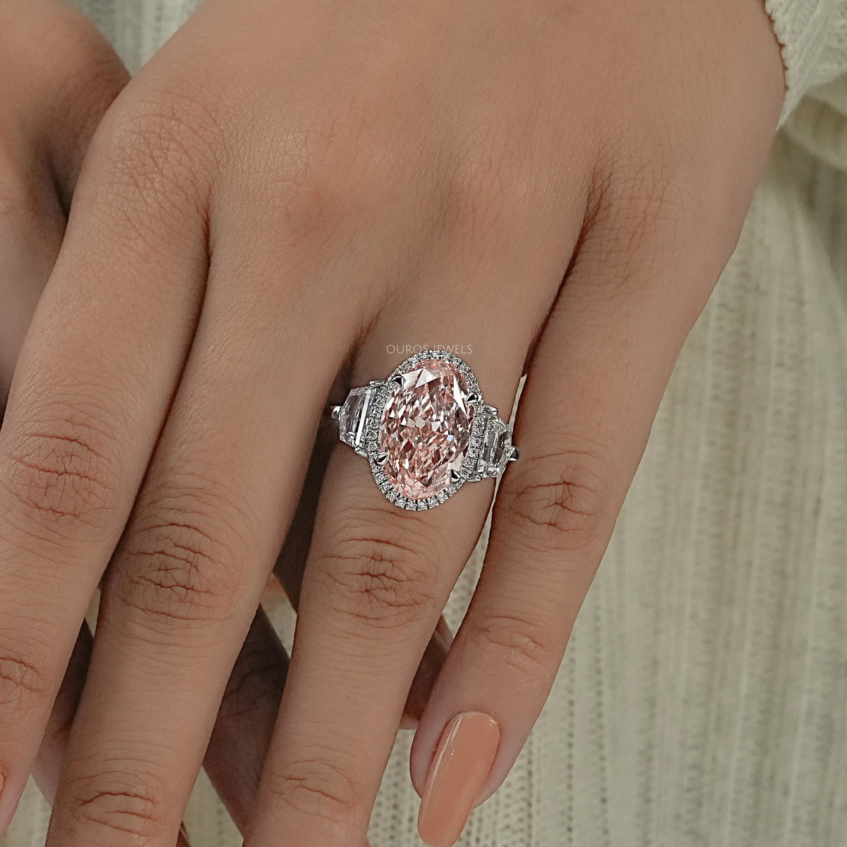 Intense Pink Oval Three Stone Engagement Ring Ring