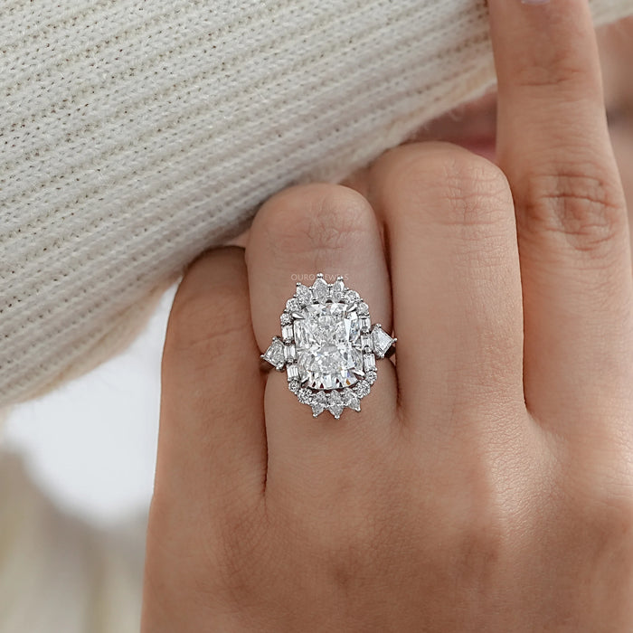 Elongated Cushion Halo Diamond With Baguette & Round Engagement Ring