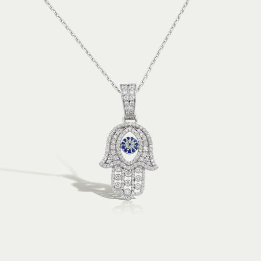 Sapphire And Lab Diamond Round Cut Hamsa Hand Men's Pendant Necklaces