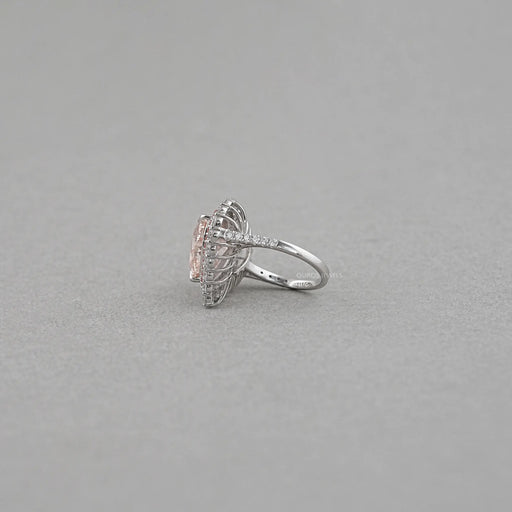 side view of pink heart cut lab diamond double halo engagement ring