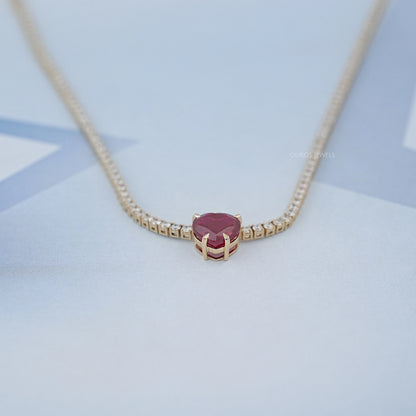 Ruby Heart And Round Diamond Tennis Necklace Necklaces