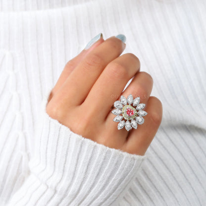Floral Vintage Pink Heart Cut Diamond Engagement Ring